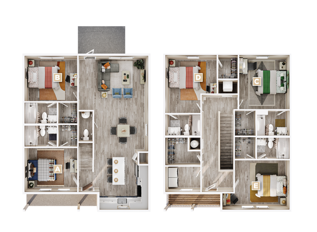Modern 3D floor plan showcasing a spacious two-floor design with five bedrooms, open-plan living and dining area, sleek kitchen, and multiple bathrooms, perfect for comfortable family living.