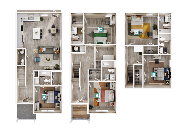 Modern multi-level floor plan showcasing 5 bedrooms, spacious open-concept living and dining area, stylish kitchen with island, and multiple bathrooms designed for ultimate comfort.