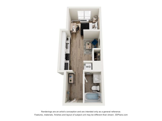 Modern studio apartment layout with stylish open-concept living area, sleek kitchen, cozy sleeping nook, and elegant bathroom.