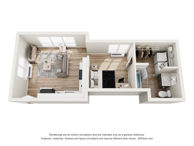 Modern 3D floor plan showcasing a cozy apartment with an open living area, one bedroom, and a compact kitchen with elegant features.