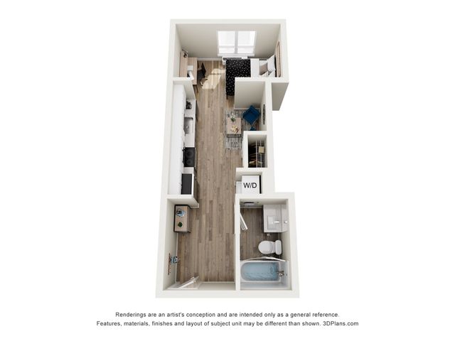Sleek floor plan featuring a cozy single-bedroom with an integrated living space and modern kitchen, complete with stylish wood flooring.