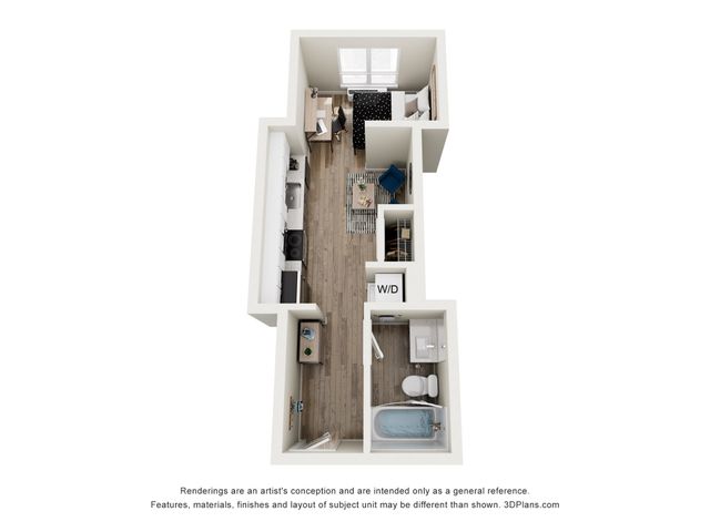 Chic 3D floor plan featuring a cozy bedroom, modern kitchen, and stylish bathroom in a compact layout with wood flooring.