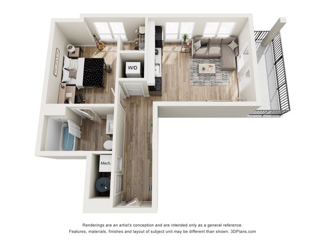 Contemporary 1-bedroom apartment floor plan with an open living area, modern kitchen, and private balcony.