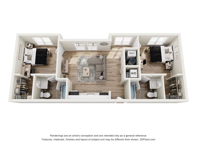 Chic 3D floor plan showcasing two spacious bedrooms, a modern open-plan living area, and a functional kitchen. Features include two bathrooms, in-unit washer and dryer, and ample storage space.