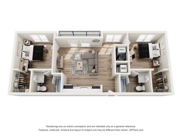Modern 3D floor plan featuring two cozy bedrooms, a chic open-concept living area, and contemporary kitchen, ideal for stylish living.