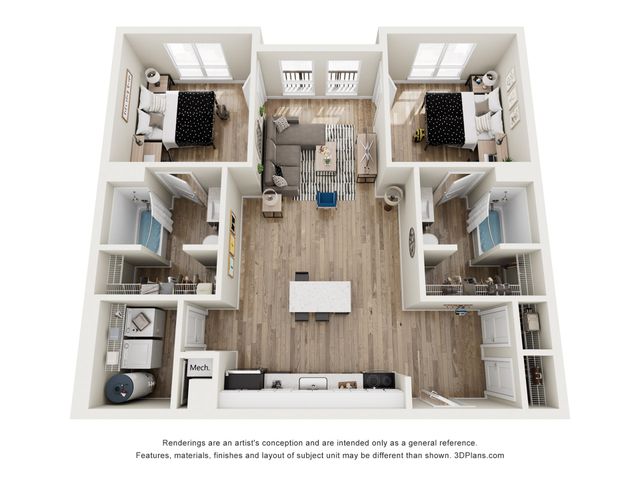 Charming 2-bedroom floor plan featuring modern living room, contemporary kitchen, and two stylish bathrooms.