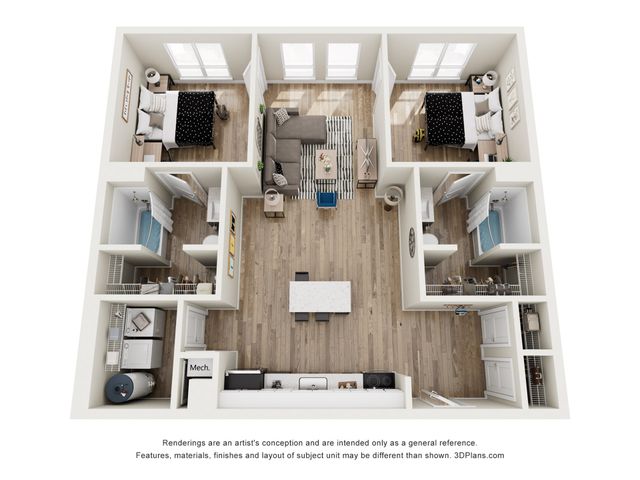 Modern 3D floor plan showcasing 2 bedrooms, an open living area, sleek kitchen, and two stylish bathrooms with natural light.