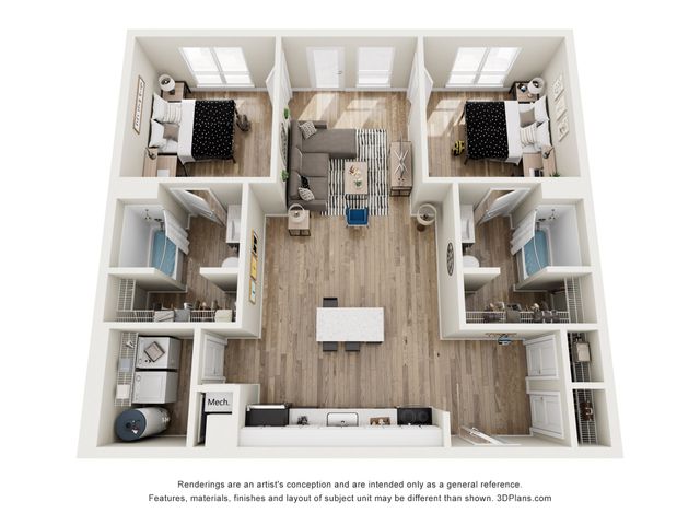 Chic 3D floor plan featuring 2 bedrooms, an open living and dining area, modern kitchen, and two bathrooms with sleek design elements.