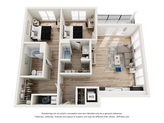 Modern 3D floor plan showcasing 2 cozy bedrooms, 2 bathrooms, an open-concept living room, and a stylish kitchen with balcony access.