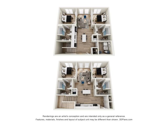 Elegant 3D floor plan showcasing two-bedroom apartments with spacious living rooms, modern kitchens, and luxurious bathrooms.