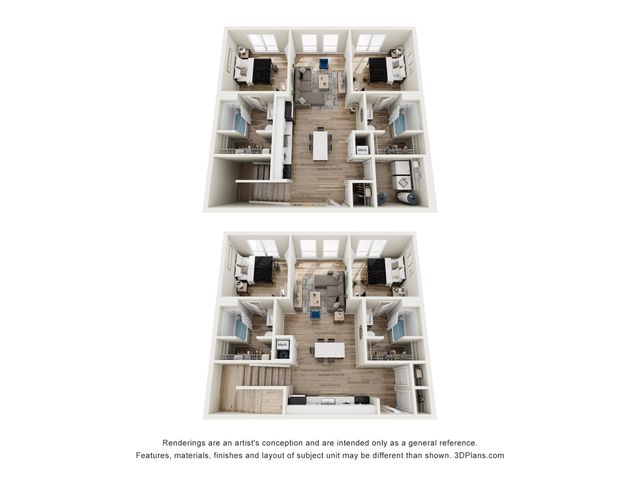 Chic 3D floor plan featuring two spacious bedrooms, a modern kitchen, and a cozy living area with natural light.