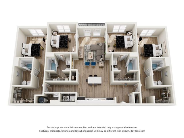 Chic 3D floor plan showcasing 3 spacious bedrooms, an elegant open-concept living area, and a modern kitchen.