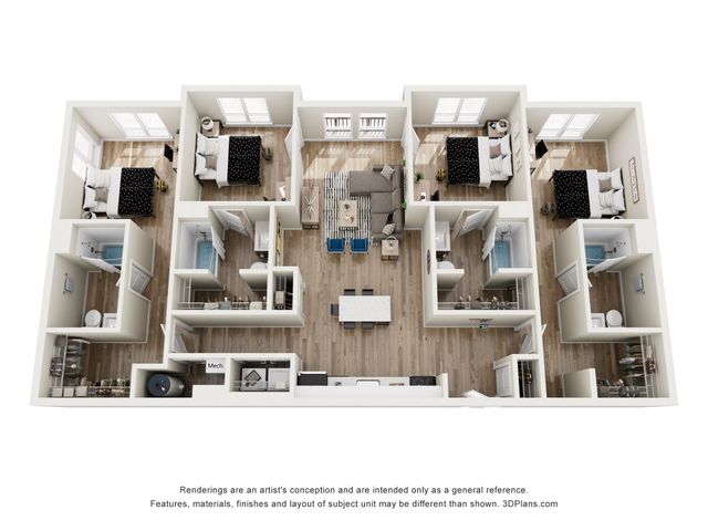 Modern 3D floor plan showcasing three spacious bedrooms, two bathrooms, and an inviting open-concept living area with a stylish kitchen.