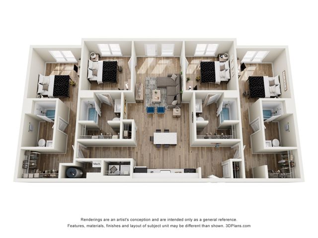 Chic and spacious 3D floor plan showcasing 3 elegant bedrooms, open-concept living and dining area, modern kitchen with island, and two well-appointed bathrooms. Natural light enhances the inviting layout.