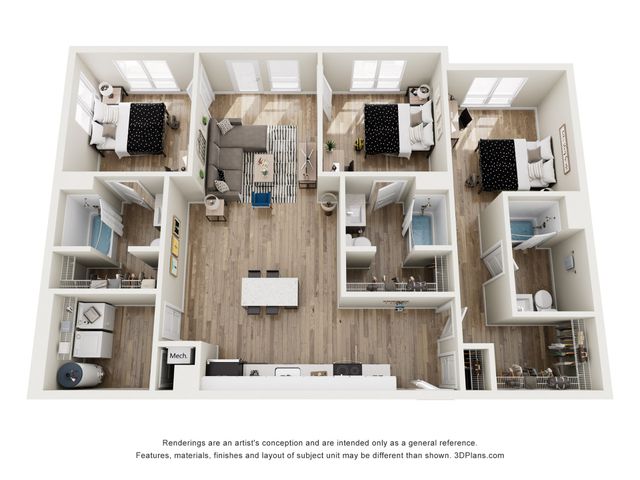 Modern 3D floor plan showcasing 3 bedrooms, a cozy living area, and a sleek kitchen with island seating.