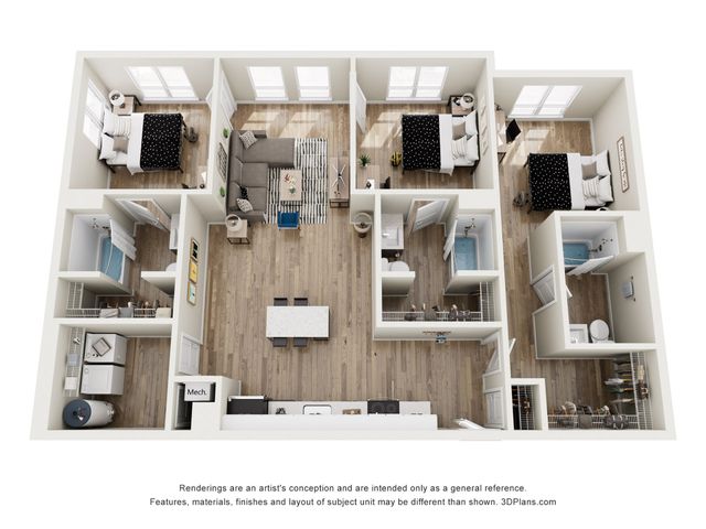 Modern 3D floor plan showcasing 3 spacious bedrooms, stylish open-concept living and dining area, and a sleek kitchen with island seating.