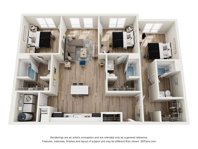 Modern 3D floor plan showcasing 3 spacious bedrooms, an open living room, and a stylish kitchen in a cozy, well-lit layout.