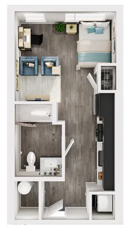 Modern studio apartment floor plan with a cozy bedroom, sleek kitchen, and stylish living area, designed for comfort and efficiency.