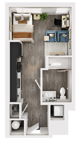 Contemporary studio apartment floor plan featuring an open living area, cozy sleeping nook, modern kitchen, and a sleek bathroom.