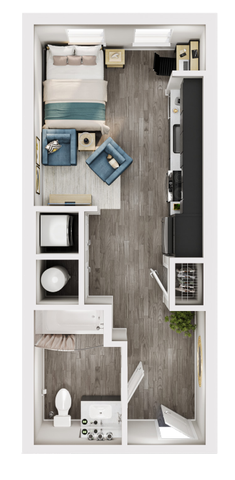 Modern floor plan featuring a cozy studio apartment with a stylish living area, compact kitchen, and elegant bathroom.