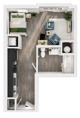 Modern L-shaped studio apartment floor plan featuring a cozy bedroom, sleek kitchen, and inviting living area with elegant hardwood flooring.