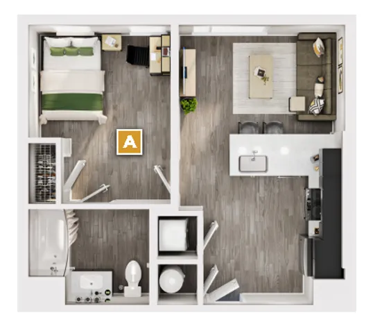 Contemporary 2D floor plan showcasing 1 bedroom, open living and dining area, modern kitchen, and bathroom.