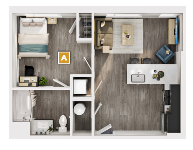 Chic 2D floor plan showcasing an elegant 1-bedroom apartment with open-concept living, modern kitchen, and stylish bathroom.