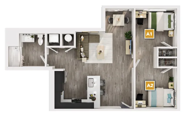 Chic apartment floor plan showcasing a modern open-concept living area, two cozy bedrooms, and a sleek kitchen design.