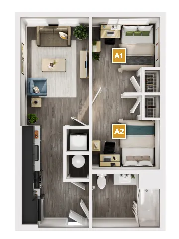 Modern floor plan showcasing 2 bedrooms, a cozy living room, and a sleek kitchen for comfortable urban living.