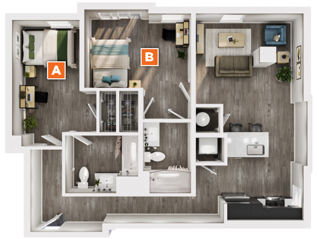 Modern 2D floor plan showcasing 2 spacious bedrooms labeled A and B, an elegant open-concept living area, and a sleek kitchen with island.