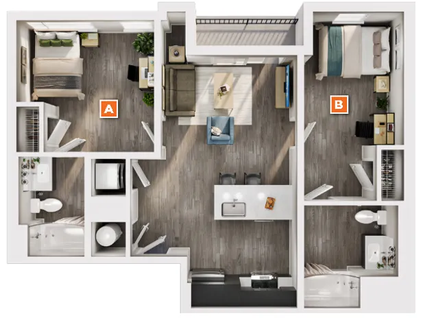 Modern floor plan showcasing 2 bedrooms labeled A and B, an elegant open-concept living area, sleek kitchen, and two stylish bathrooms.