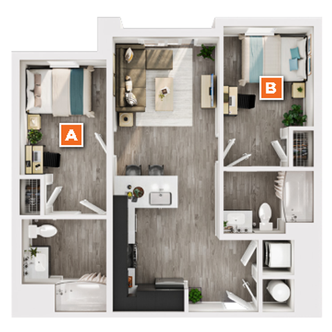Modern 2D floor plan showcasing 2 bedrooms, a stylish living area, and a sleek kitchen design.