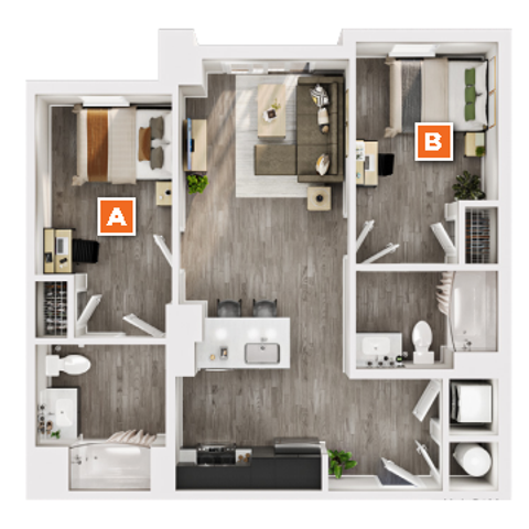 Modern floor plan featuring two bedrooms labeled A and B, open-concept living area, and sleek kitchen with island seating.