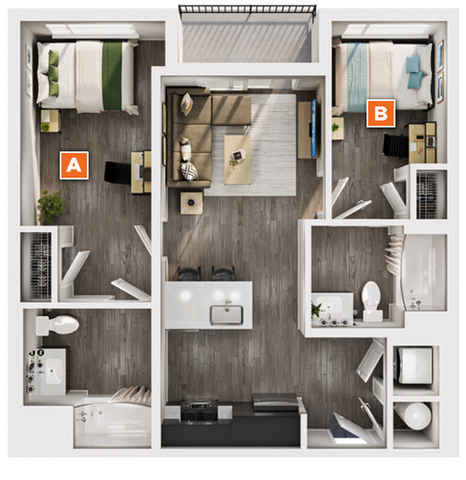 Modern 2D floor plan showcasing 2 spacious bedrooms, a sleek open-concept living room, and a contemporary kitchen.