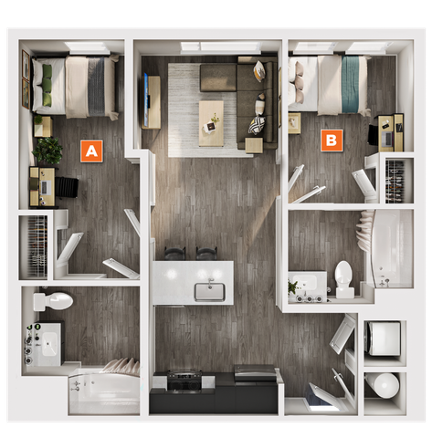 Modern floor plan showcasing 2 cozy bedrooms, elegant living area, sleek kitchen, and efficient bathroom layout, perfect for urban living.
