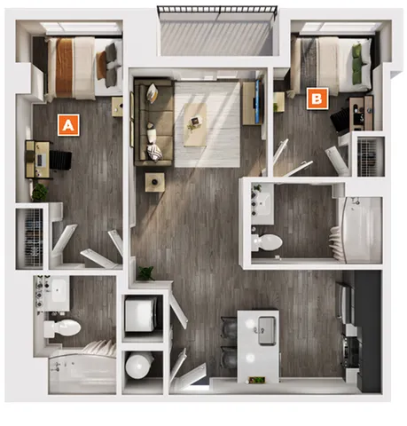 Chic 2-bedroom apartment floor plan with modern open-layout living area and sleek kitchen design.