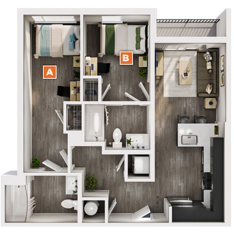 Modern 2D floor plan showcasing 2 stylish bedrooms, a spacious living area, a well-equipped kitchen, and a sleek bathroom layout.