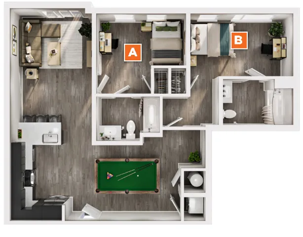 Modern 2D floor plan showcasing 2 bedrooms, open-concept kitchen, elegant living area with pool table, and 2 stylish bathrooms.