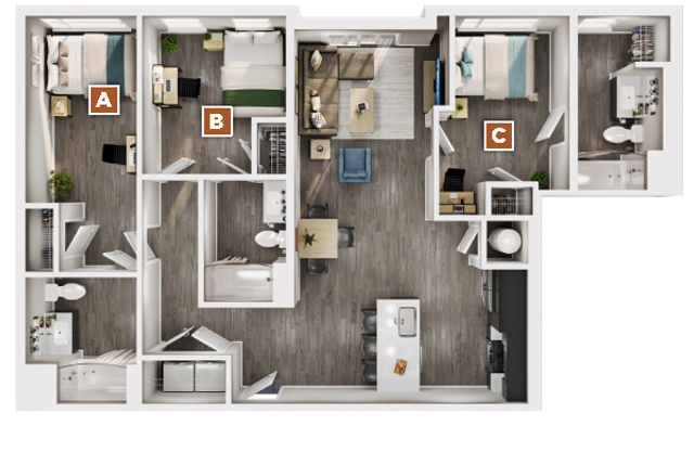 Modern 3-bedroom floor plan with open living-dining area, gourmet kitchen with island, and spacious bathrooms for ultimate comfort.