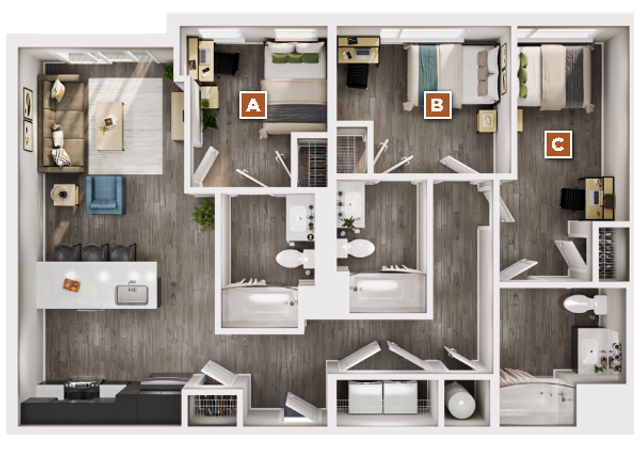 Modern apartment floor plan showcasing 3 bedrooms, open living area, sleek kitchen with island, and two stylish bathrooms.