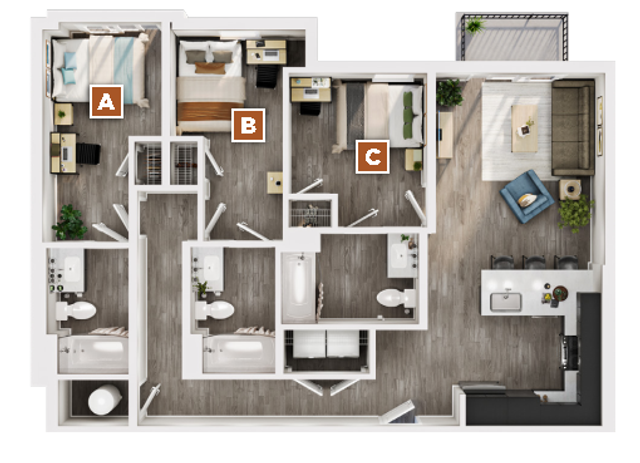 Modern 3D floor plan showcasing 3 bedrooms, a cozy living area, and an elegant kitchen with a breakfast bar, perfect for stylish living.