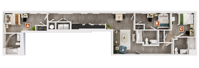 Modern floor plan showcasing a sleek apartment layout with three cozy bedrooms, two stylish bathrooms, a spacious living area, and an elegant kitchen. Ideal for contemporary living.