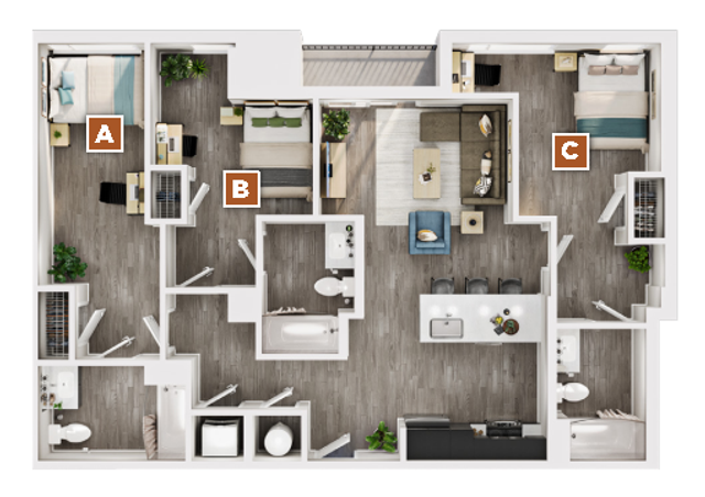 Modern and spacious 3-bedroom apartment floor plan with an open-concept living and dining area, sleek kitchen, and two stylish bathrooms.