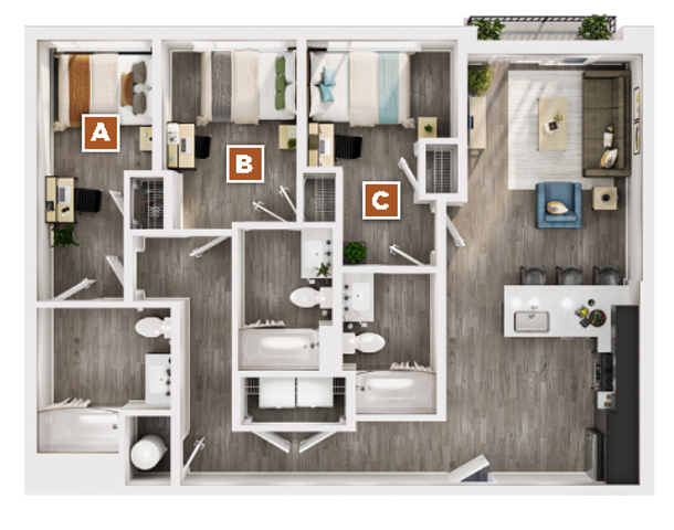 Modern 2D floor plan featuring 3 cozy bedrooms, an open living room with stylish furniture, and a sleek kitchen, ideal for contemporary living.