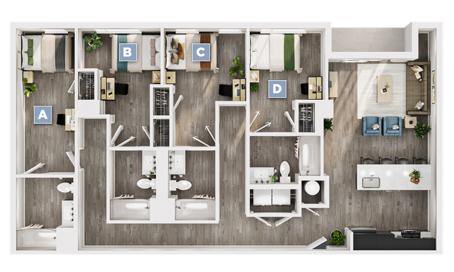 Modern 4-bedroom apartment floor plan showcasing spacious layout with open-concept living and dining area, sleek kitchen, and multiple bathrooms.