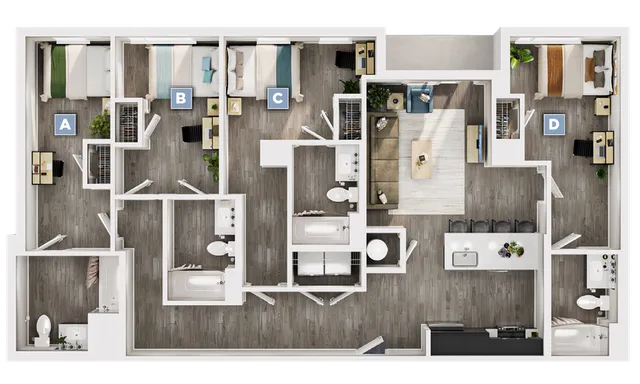 Modern 4-bedroom floor plan with elegant wood flooring, spacious living area, and a sleek kitchen island, ideal for family living.
