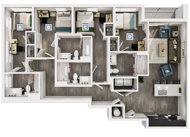 Contemporary floor plan featuring 4 bedrooms, modern open-concept kitchen, spacious living and dining area, and multiple bathrooms for comfortable living.