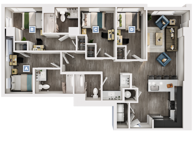 Modern floor plan featuring 4 bedrooms, 2 bathrooms, a spacious living room, and a sleek kitchen with island seating.