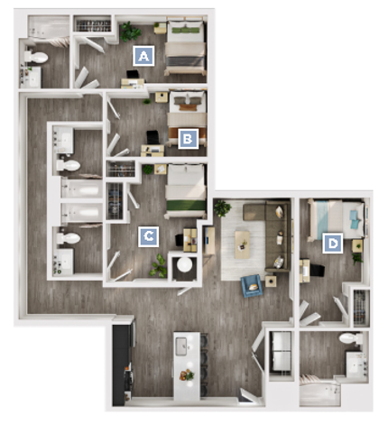 Modern 3D floor plan showcasing 4 bedrooms, stylish living room, and sleek open kitchen with elegant finishes.