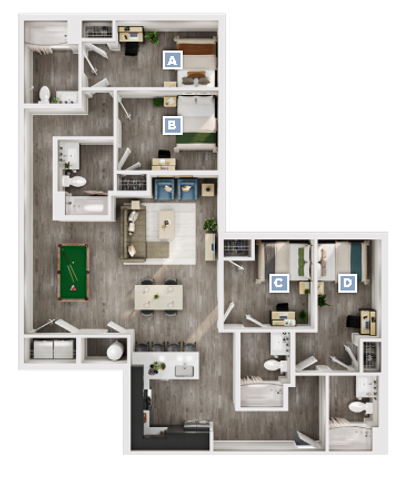 Modern L-shaped floor plan showcasing 4 bedrooms, open-concept kitchen, dining, and living area with a stylish layout.